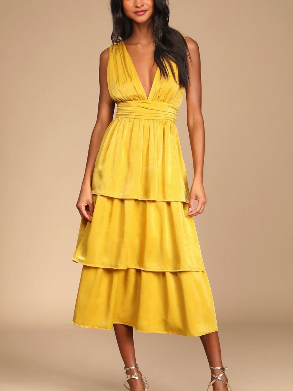 Peak Party Vibe Mustard Yellow Satin Tiered Tie-Back Midi Dress